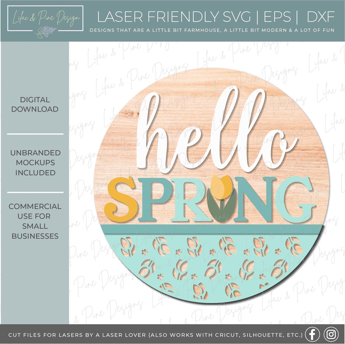 hello spring SVG, tulip door hanger, spring flower Welcome SVG, floral decor, spring laser template, Glowforge SVG, laser cut file
