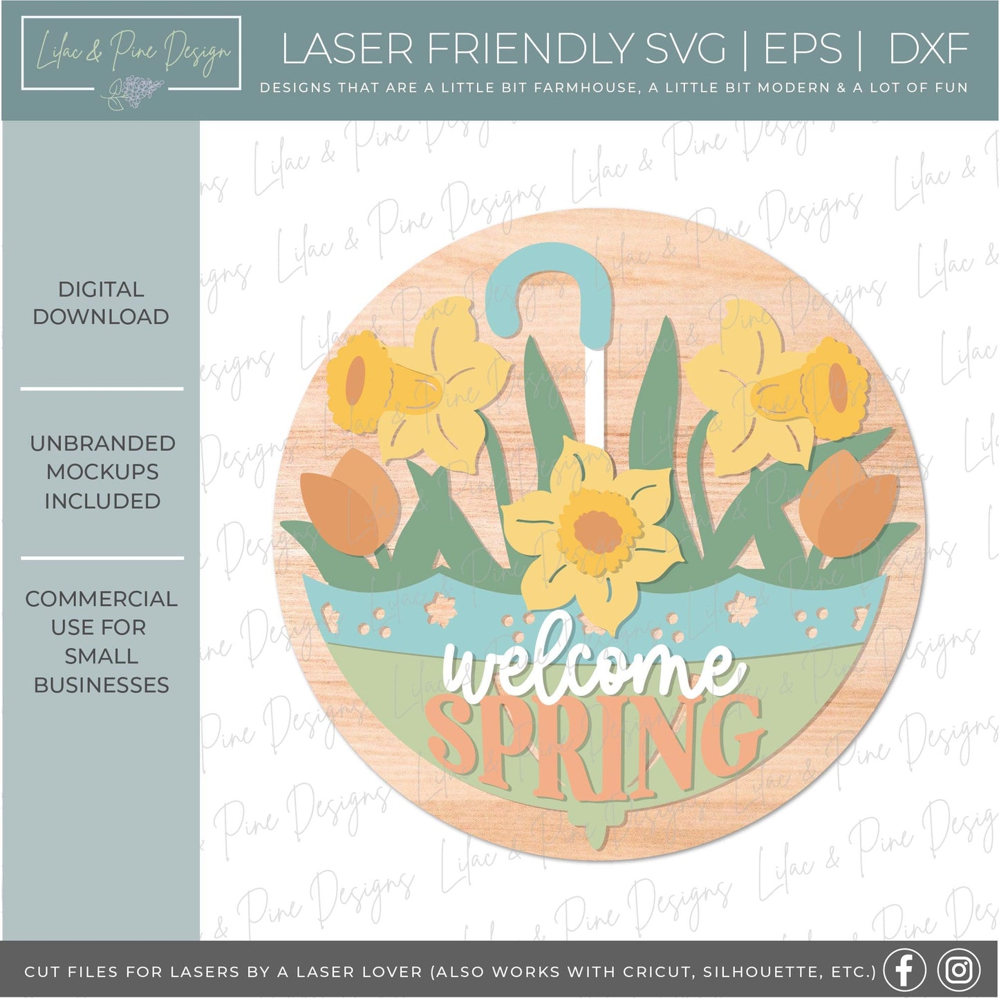 welcome spring sign SVG, tulip door hanger, umbrella Welcome SVG, spring floral decor, daffodil door hanger, Glowforge SVG, laser cut file