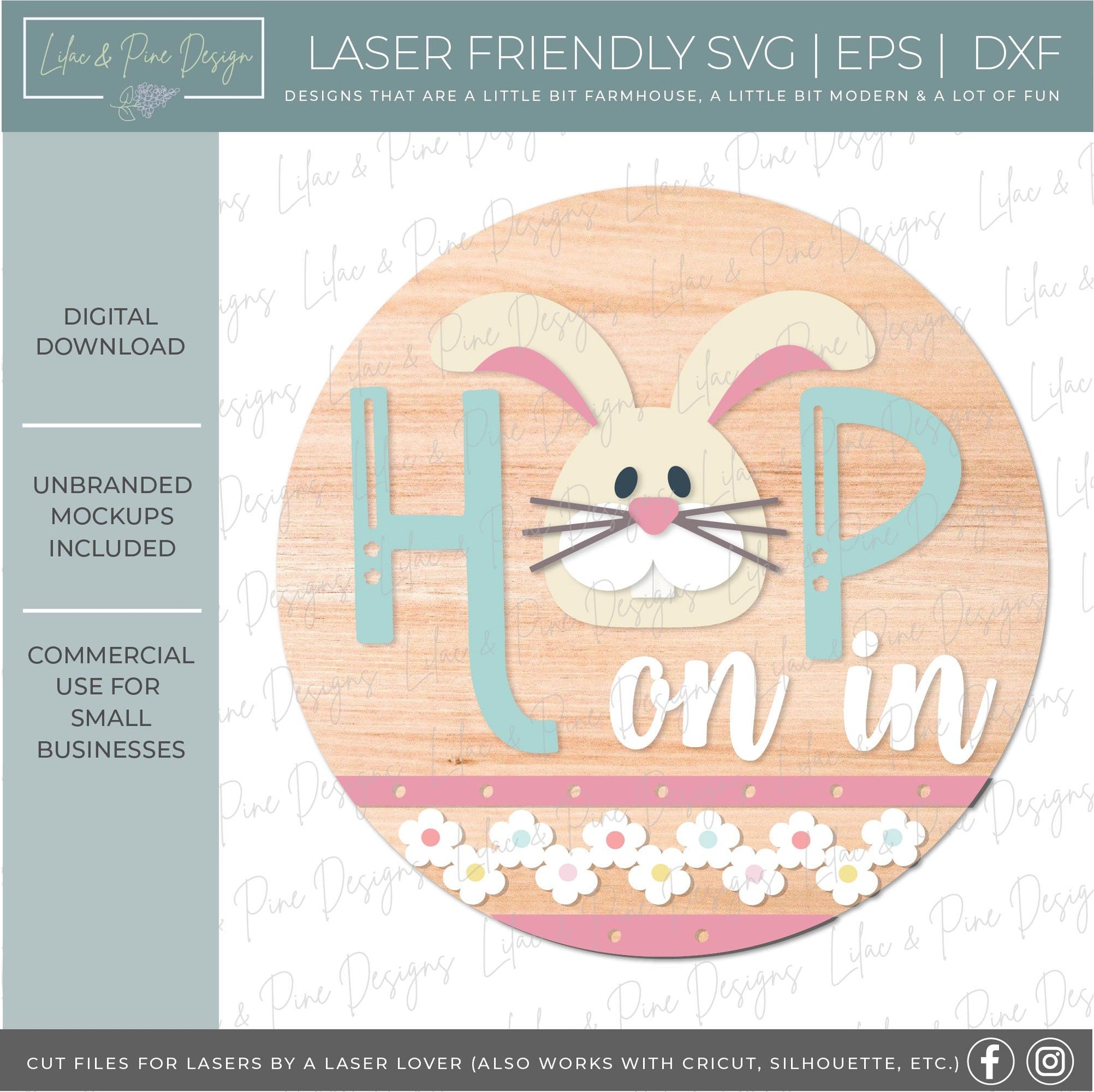 hop on in sign SVG, Easter bunny door hanger, rabbit Welcome SVG, cute Easter decor, spring laser template, Glowforge SVG, laser cut file
