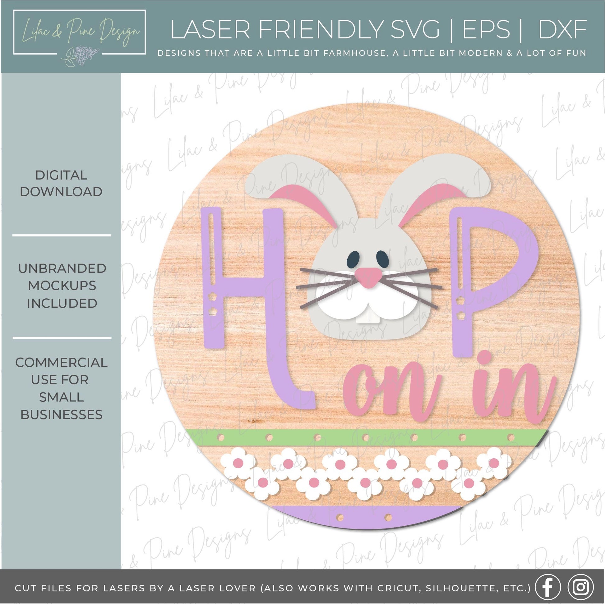 hop on in sign SVG, Easter bunny door hanger, rabbit Welcome SVG, cute Easter decor, spring laser template, Glowforge SVG, laser cut file