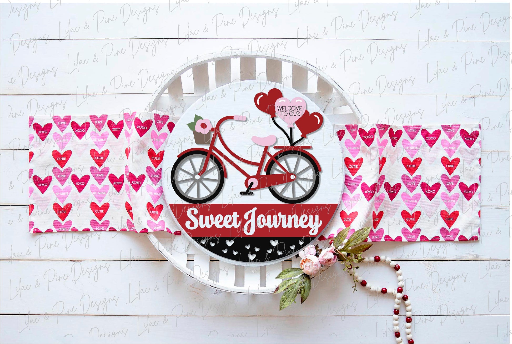 Sweet Journey door hanger SVG, Valentine heart balloons welcome sign, bike round sign Valentines Day decor, Glowforge SVG, laser cut file