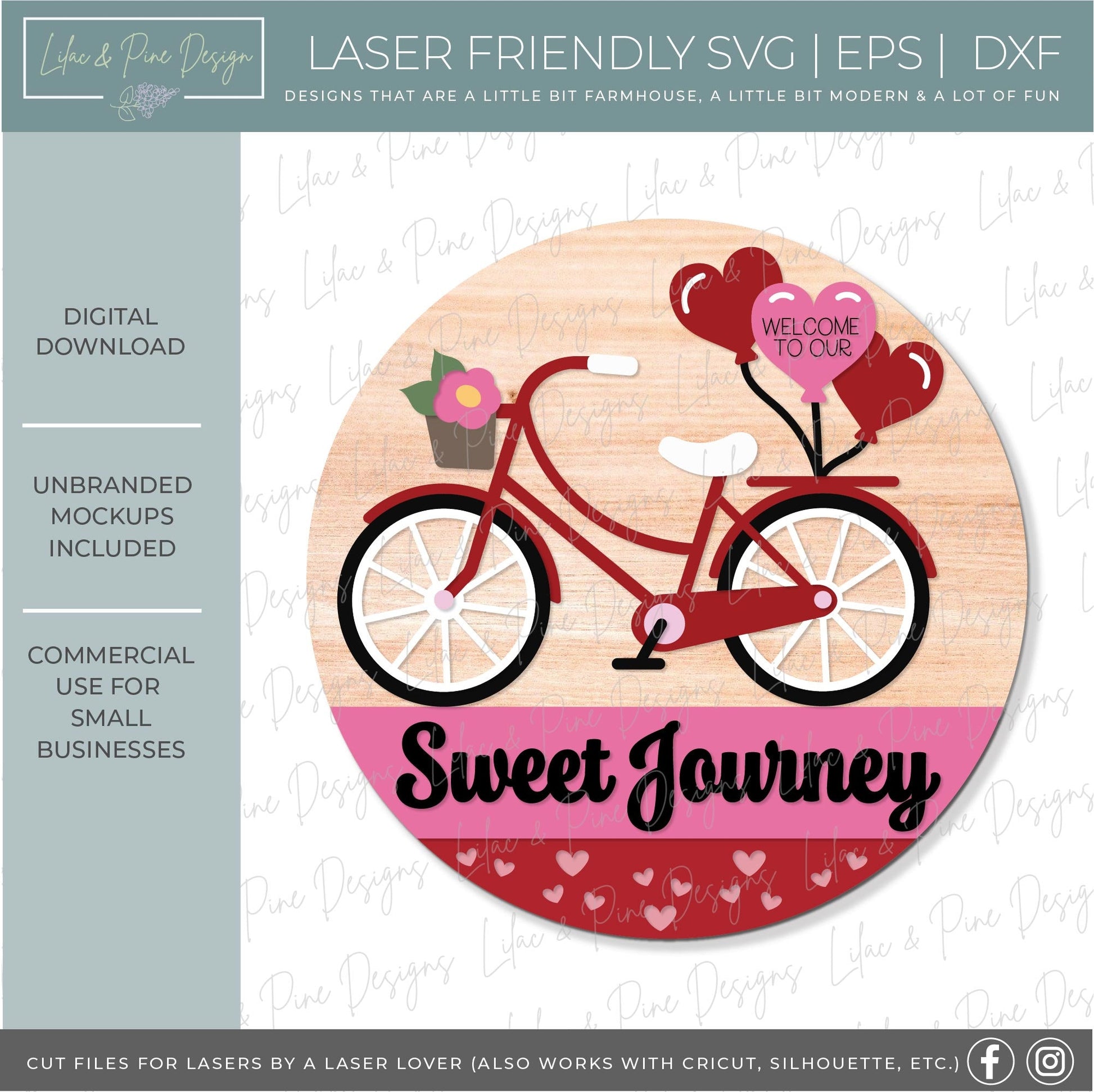 Sweet Journey door hanger SVG, Valentine heart balloons welcome sign, bike round sign Valentines Day decor, Glowforge SVG, laser cut file