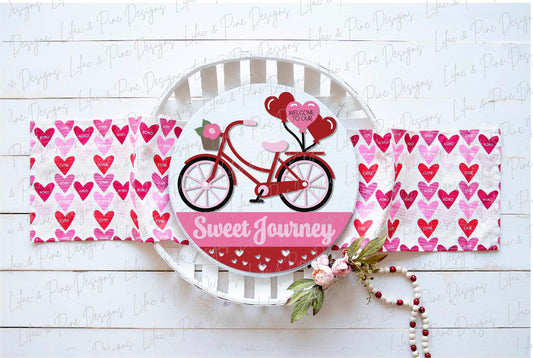 Sweet Journey door hanger SVG, Valentine heart balloons welcome sign, bike round sign Valentines Day decor, Glowforge SVG, laser cut file
