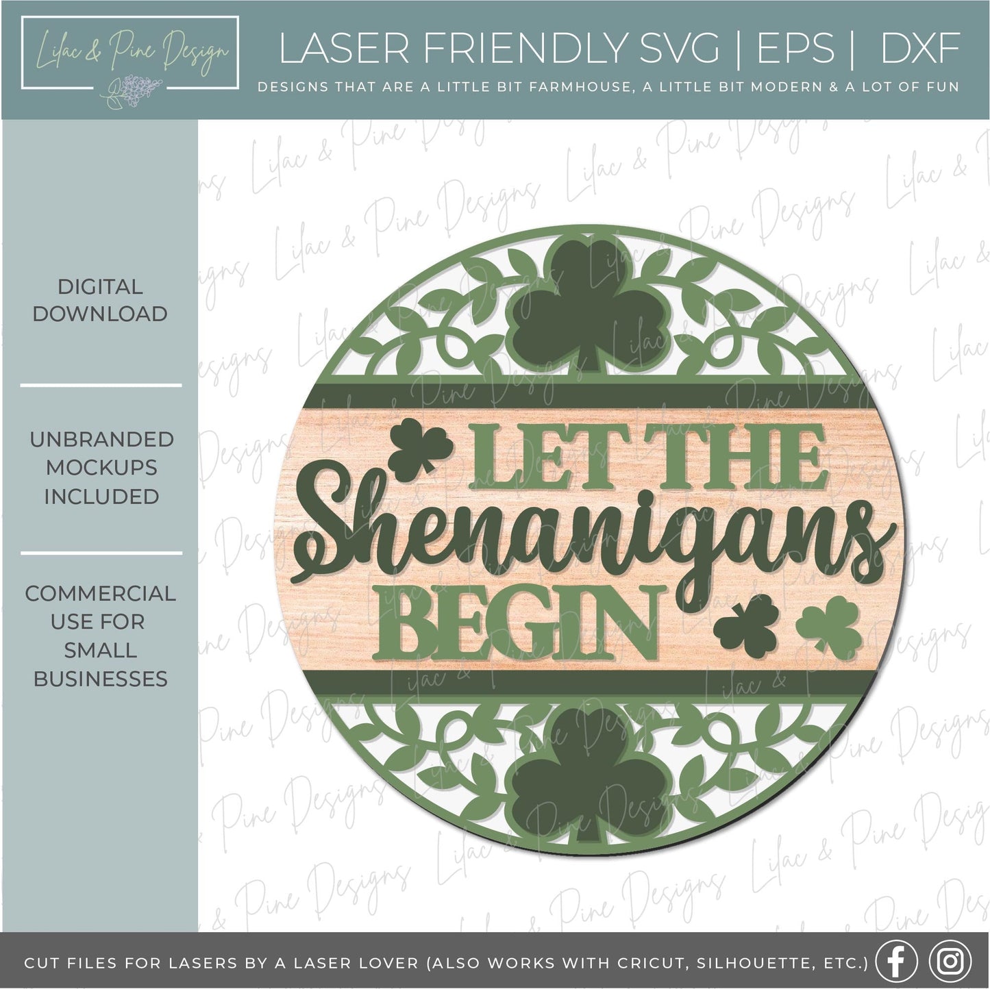 Let the Shenanigans begin sign, Shamrock door hanger SVG, St Patricks Day welcome sign, St Paddys day decor, Glowforge SVG, laser cut file