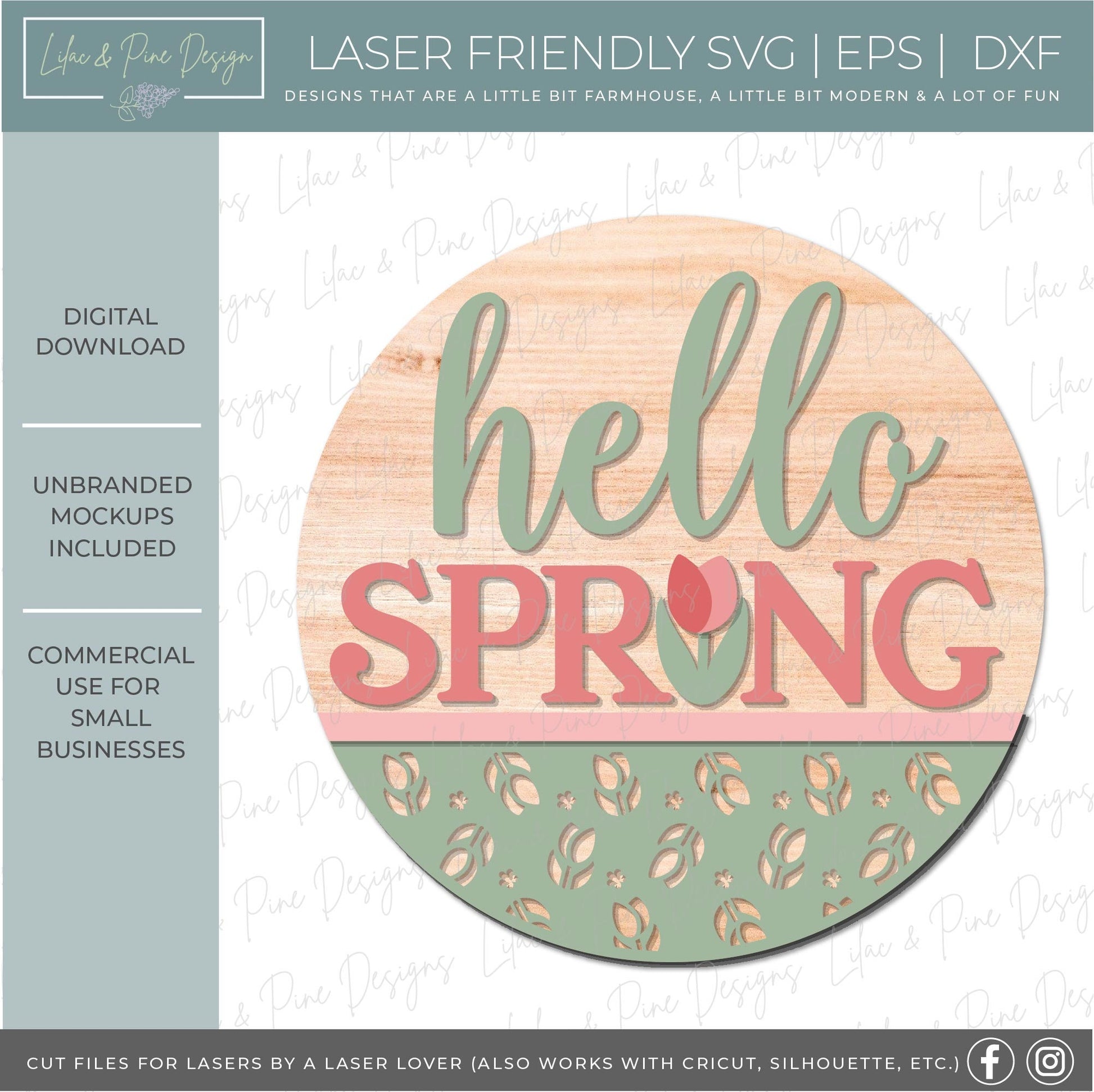 hello spring SVG, tulip door hanger, spring flower Welcome SVG, floral decor, spring laser template, Glowforge SVG, laser cut file