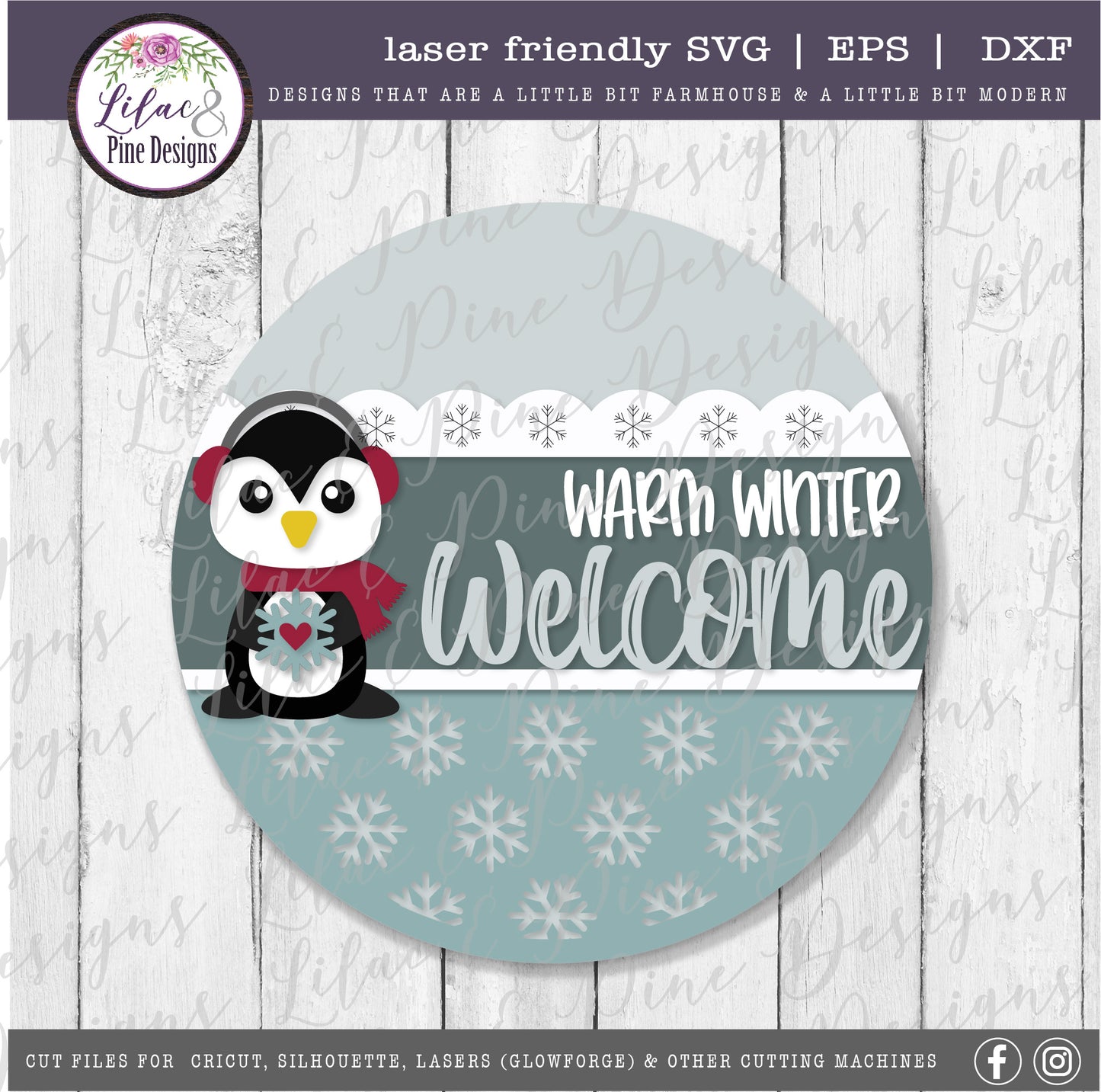 Warm Winter Welcome Penguin sign, Penguin decor svg, Christmas SVG, snowflake pattern svg, winter decor, laser cut file, Glowforge SVG