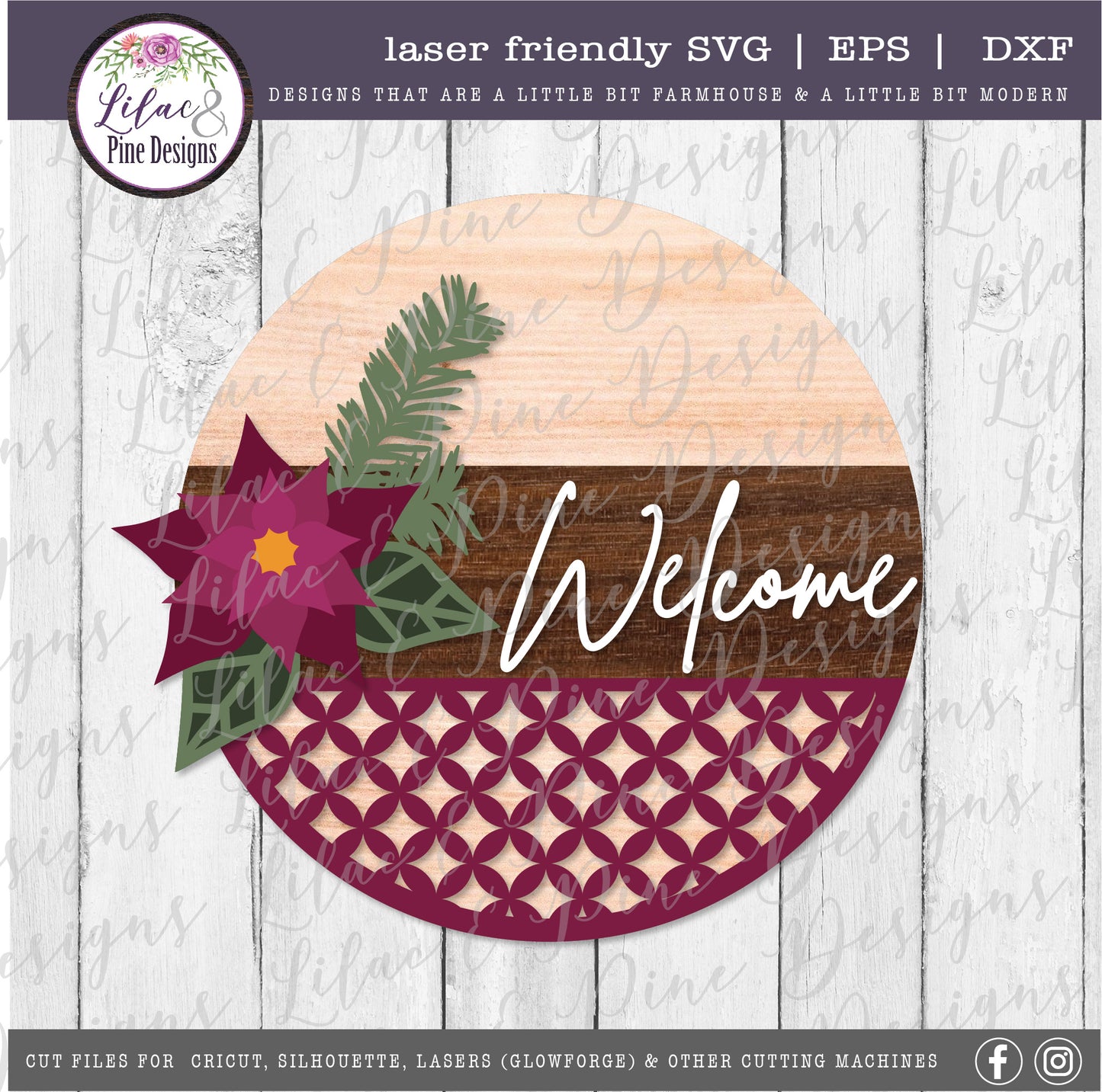 Christmas Welcome sign SVG, Poinsettia SVG, Christmas Floral SVG, Holiday Floral sign SVG, Elegant Christmas sign, laser cut file, Glowforge SVG