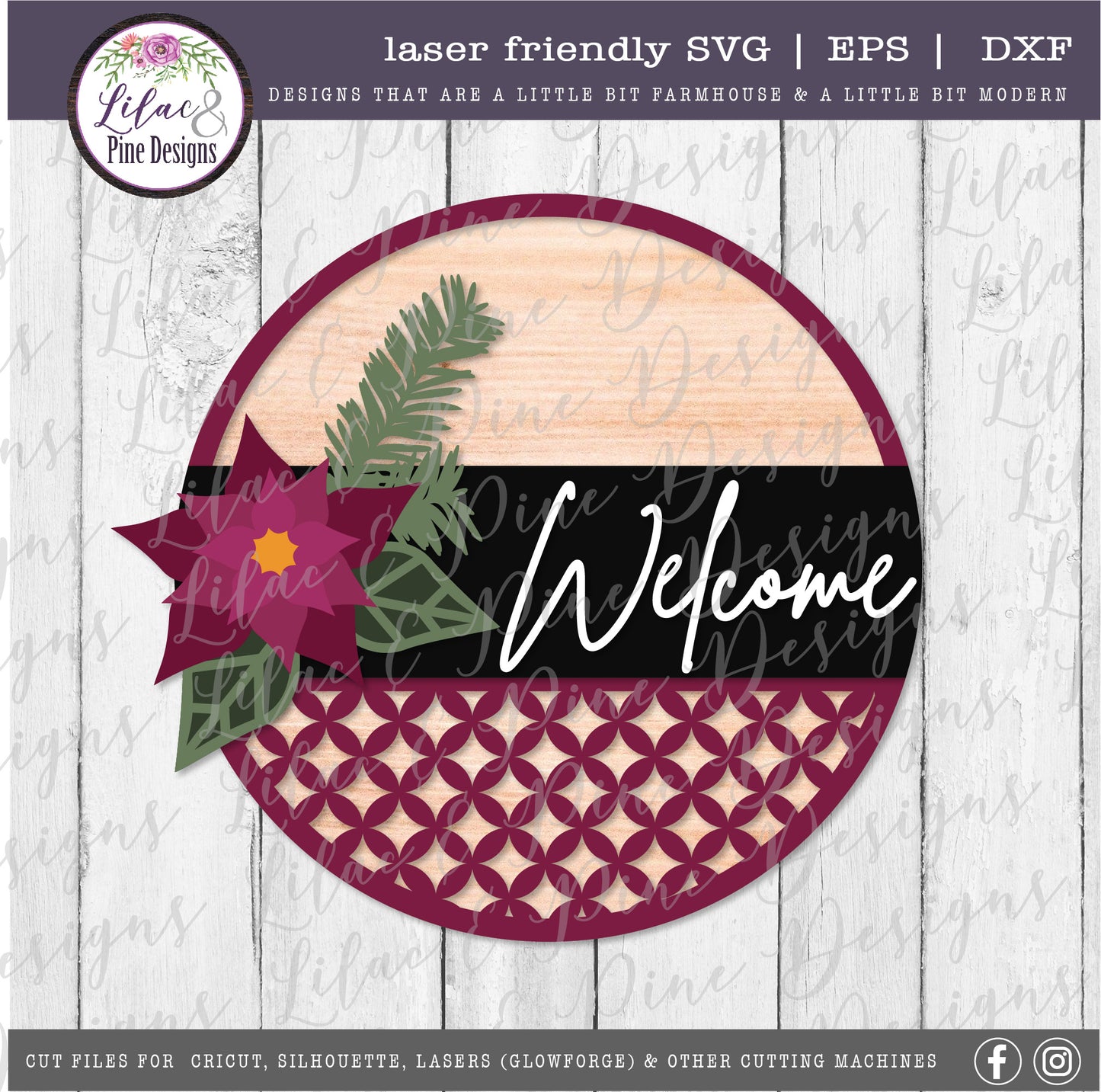 Christmas Welcome sign SVG, Poinsettia SVG, Christmas Floral SVG, Holiday Floral sign SVG, Elegant Christmas sign, laser cut file, Glowforge SVG