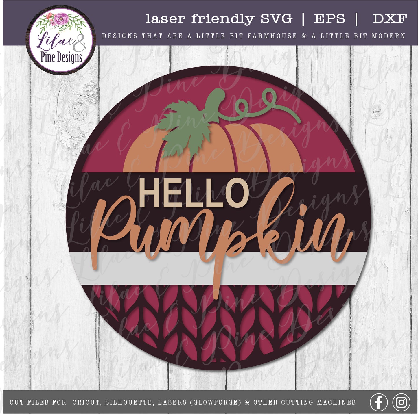 Hello Pumpkin Sweater pattern round sign SVG, fall porch decor SVG, laser cut file, Glowforge SVG