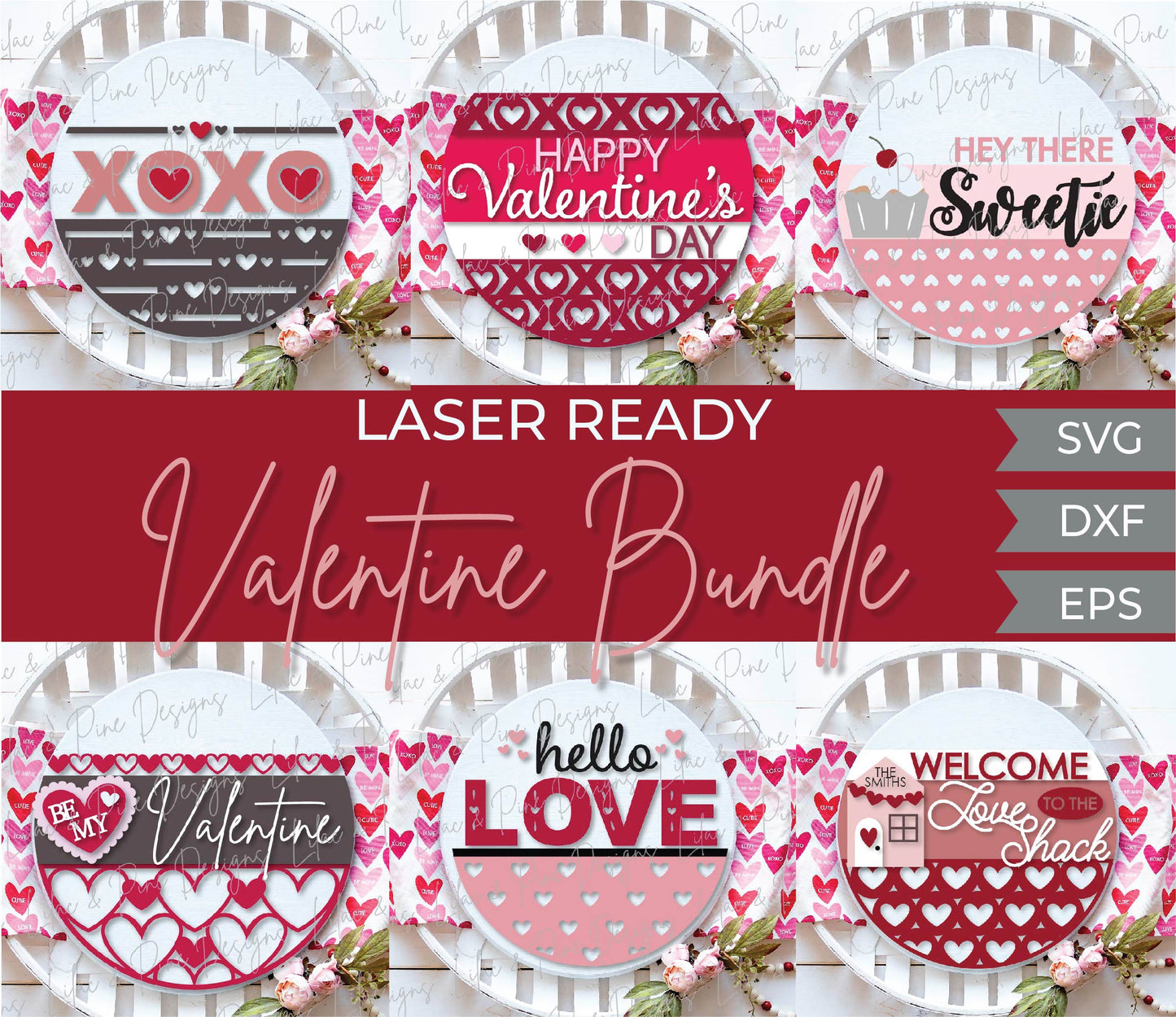 Complete Valentine bundle - 18 FILES - volume 1, door hanger sign SVG, Valentine decor laser SVG, Glowforge SVG
