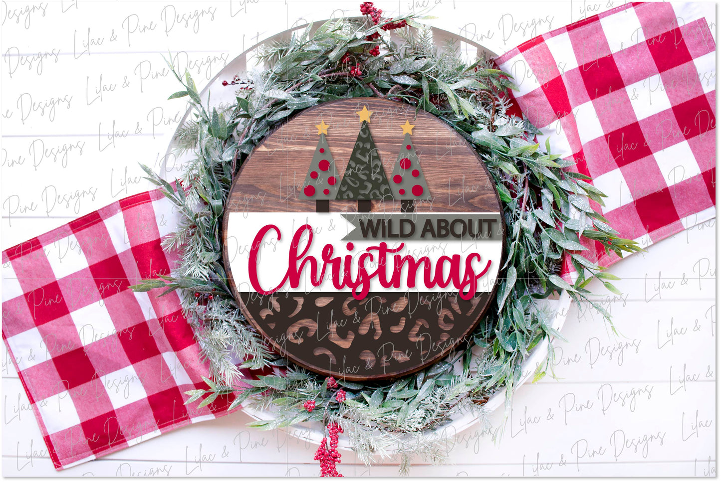 Wild about Christmas door round SVG, Christmas welcome SVG, Christmas tree SVG, leopard Christmas, laser cut file, Glowforge SVG